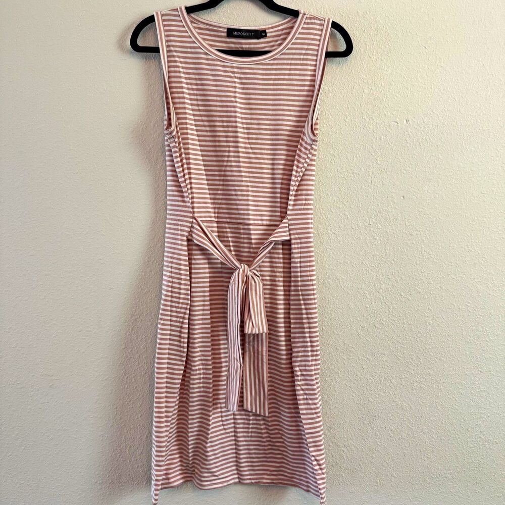 MEROKEETY Womens Pink White Striped Sleeveless Tie Waist Shift Dress Pockets S